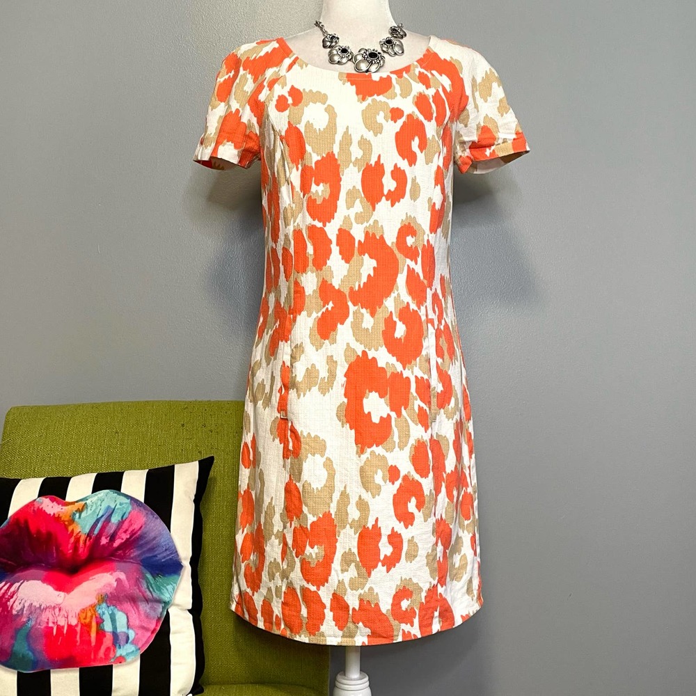 Trina Turk Merced Orange Tan White Short Sleeve Cocktail Shift Dress 8
